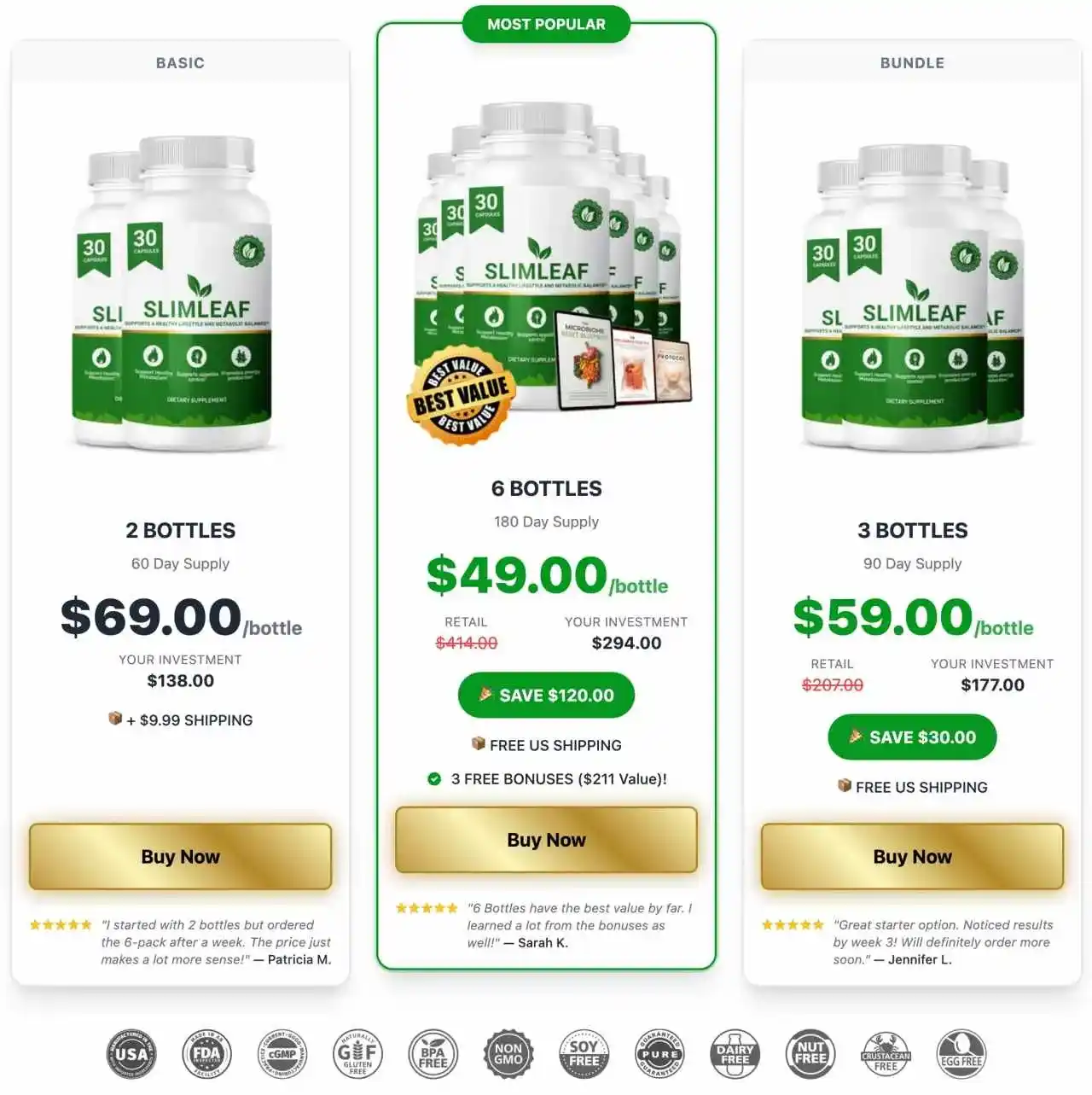 SlimLeaf Pricing — 1, 3 and 6 Bottle Discount Packages